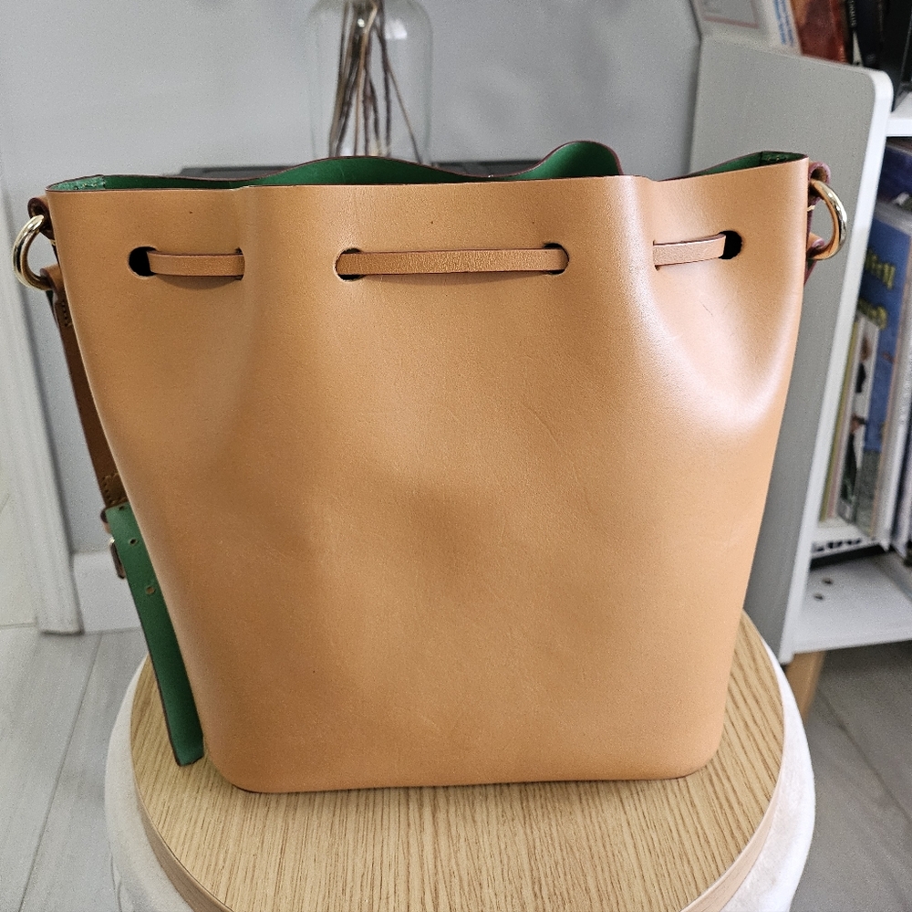 🚫❌️SOLD! Dooney & Bourke Serena Tan & Green Drawstring Bucket Bag/ Wristlet - Picture 3 of 9